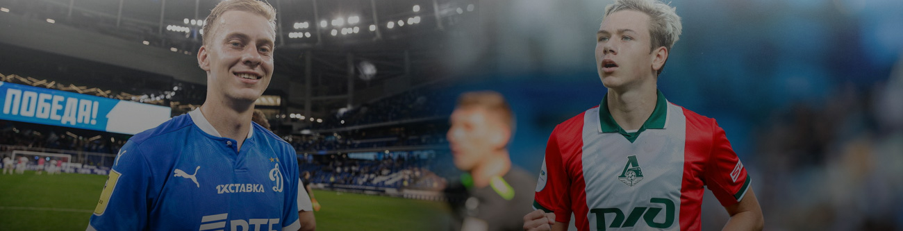 На изображении два футболиста в форме разных команд. Слева игрок в синем с надписью Победа! на фоне стадиона, справа игрок в форме с красно-белым-зелёным элементом на фоне размытого изображения